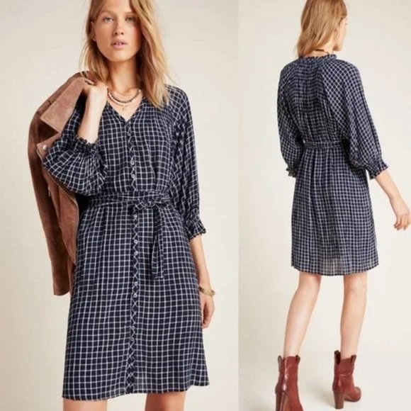 Anthropologie Maeve Navy Blue & White Sara Smocked Dress - Picture 1 of 10